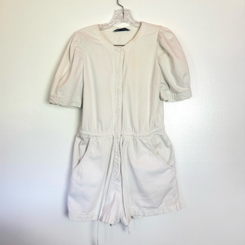 Zara White Denim Puff Sleeve Romper Snap Front Drawstring Waist Size Medium - Picture 2 of 5